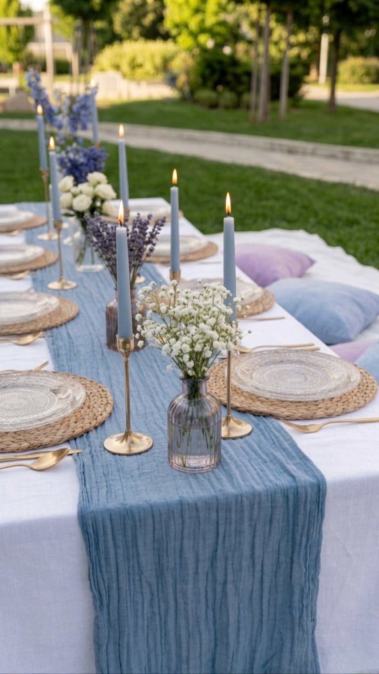 Picnic table with dusty-blue candles