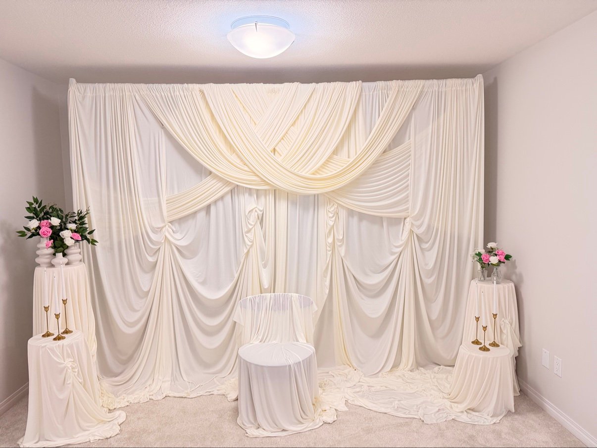White draped backdrop with candles and florals by Penbaga Events
